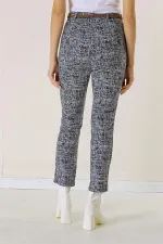 Beli Lastikli Kemerli Yandan Cepli Cam Kırığı Desen Dar Paça Pantolon