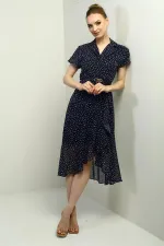 Women's Wrap Neckline Lined Chiffon Dress with Crisp Pattern and Ruffled Front