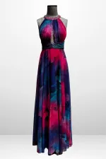 Robe longue en mousseline pour femme, drapée sur le devant, doublée, ornée de perles et de broderies florales.