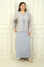 Robe longue à col perlé, ensemble deux pièces grande taille avec veste brodée de perles et de sequins, doublée.