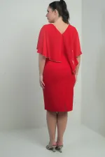 Kadın Ön Arka V Yaka Üstü Şifon Taş Detaylı Güllü Büyük Beden Krep Kısa Elbise