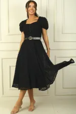 Balloon Sleeve Midi Length Lined Waist Belted Patchwork Fabric Dress