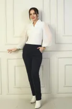 Kadın Beli Lastikli Yandan Cepli Çımalı Full Likra Çelik Klasik Paça Pantolon