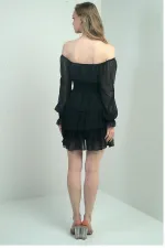 Kadın Madonna Yaka  Beli Ve Kol Uçları Gipeli Astarlı Üç Kat Kısa Şifon Elbise