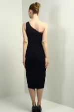 Women's One-Shoulder Crepe Midi Dress with Floral Detail and Front Slit