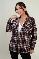 Chemise à capuche pour femme, motif à carreaux, poches à boutons métalliques