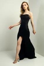 Kadın Parlak İp Askılı Derin Yırtmaçlı Önü Büzgülü Pileli Uzun Saten Abiye Elbise