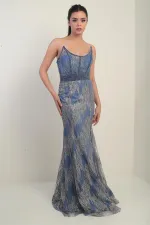 Women's Beaded and Stone Detailed Lined Underwired Long Dress with Transparent Top