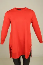 Kadın Yanları Düğme Detaylı Yırtmaçlı Büyük Beden Tunik Kazak