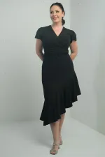 Robe en crêpe grande taille pour femme, à double boutonnage, drapée sur le devant, doublée, avec jupe à volants