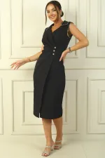 Polo Collar Wrap Dress with Stone Details, Draped, 3-Button, Half-Lined