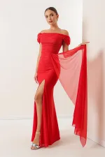 Önü Büzgülü Düşük Kol Astarlı Simli Uzun Elbise