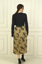 Kadın Beli Kemerli Eteği Şal Desenli Astarlı Elbise