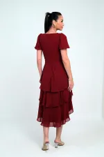 Kadın Kruvaze Yaka Arkası Fermuarlı Katkat Pileli Şifon Elbise