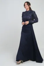 Kadın Üstü Pul Sim Detaylı Eteği Büzgülü Astarlı Şifon Uzun Elbise