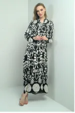 Robe longue hijab pour femme, col mandarin, boutons sur le devant, poignets élastiqués, motif châle