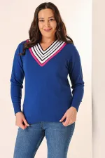 Şeritli V Yaka Büyük Beden Triko Kazak