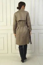 Women's Trench Coat with Belted Waist and Sleeves, Button-Front and Pockets