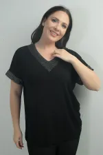 Women's Plus Size Blouse with Glitter Mesh Detail on Collar and Cuffs