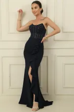 Kadın Üstü Boncuk İşlemeli Balenli Transparan Önü Volanlı Yırtmaçlı Astarlı Uzun Elbise