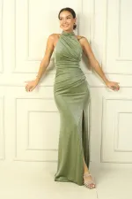 Women's Neck Front Pleated Glittery Lined Dress