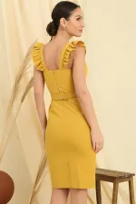 Askıları Fırfırlı Glop Detaylı Astarllı Beli Kemerli Krep Elbise