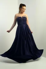 Kadın Straplez Astarlı Önü Balen Biyeli Cepli Kloş Uzun Saten Abiye Elbise