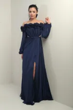 Women's Floral Madonna Neckline Belted Lined Chiffon Long Dress