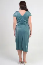 Women's Front and Back V-Neck Waist Stone Detail Lined Glitter Sandy Fabric Plus Size Midi Dress