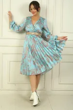 Women's Double-Breasted Waist Belted Lined Floral Pleated Satin Dress