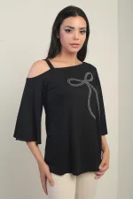 Women's One-Shoulder Blouse with Bow and Rhinestone Print, Lycra
