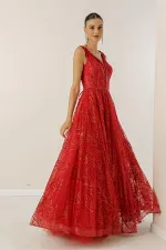 Ön Arka V Yaka Üstü Boncuk Detaylı Astarlı Arkası Bağcıklı Pullu Simli Uzun Elbise