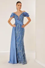 Chain Strap Front Back V Neck Low Sleeve Glittery Flock Printed Lined Long Fishtail Dress