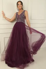 Taş Ve Boncuk İşlemeli Astarlı Uzun Tül Elbise