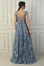 Kadın Ön Arka V Yaka Göğüs Pliseli Arkadan Bağcıklı Astarlı Sim Flok Baskı Uzun Abiye Elbise