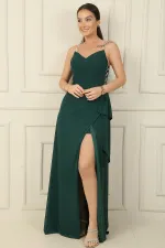 Parlak İnce Askılı Önü Drapeli Yanı Mendilli Astarlı Şifon Uzun Elbise