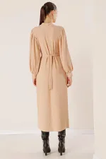 Beli Kemerli Omuz Büzgülü Elbise