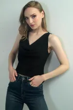 Kadın Degaje Yaka Kolsuz Krep Saten Bluz