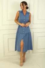 Önü Düğmeli Beli Kuşaklı Uzun Elbise