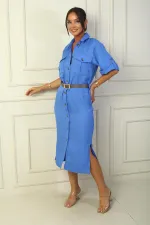 Linen Effect Long Dress with Button Front, Waist Belt, Double Pockets