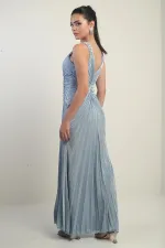 Kadın Kruvaze Yaka Omuzu Kalın Taş Detaylı Önü Taşlı Büzgülü Yırtmaçlı Uzun Abiye Elbise