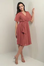 Women's Wrap Neckline Ruffled Sleeve Lined Chiffon Dress