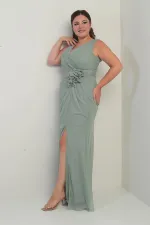 Women's Front and Back V-Neck Lined Front Dappled 3D Floral Plus Size Tulle Long Dress