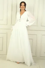 Kadın V Yaka Beli Tokalı Astarlı Şifon Uzun Abiye Elbise