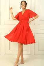 Women's Wrap Neckline Ruffled Sleeve Lined Chiffon Dress