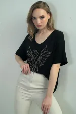 Kadın V Yaka Kartal Taşlı Bluz