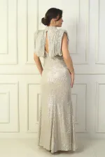 Draped Front, Lined, Belted Sequin Long Dress