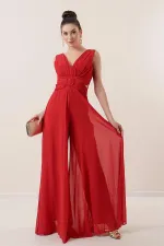 Waist-detailed, front and back V-neck, lined chiffon jumpsuit.