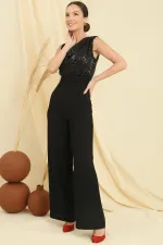 Cowl Neck Belted Waist Sequined Sleeveless Crepe Jumpsuit