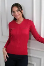 Kadın V Yaka Taş Baskı Detaylı Fitilli Triko Bluz